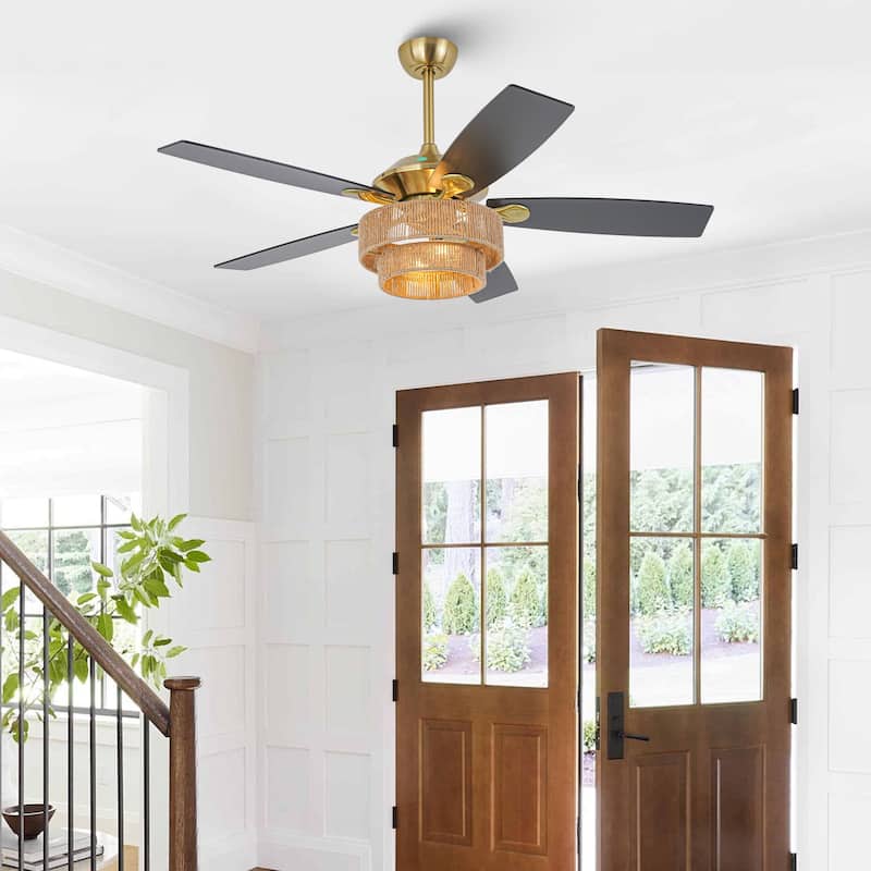 52" Farmhouse Natural Rope Reversible 5-Blade Gold Ceiling Fan with Remote