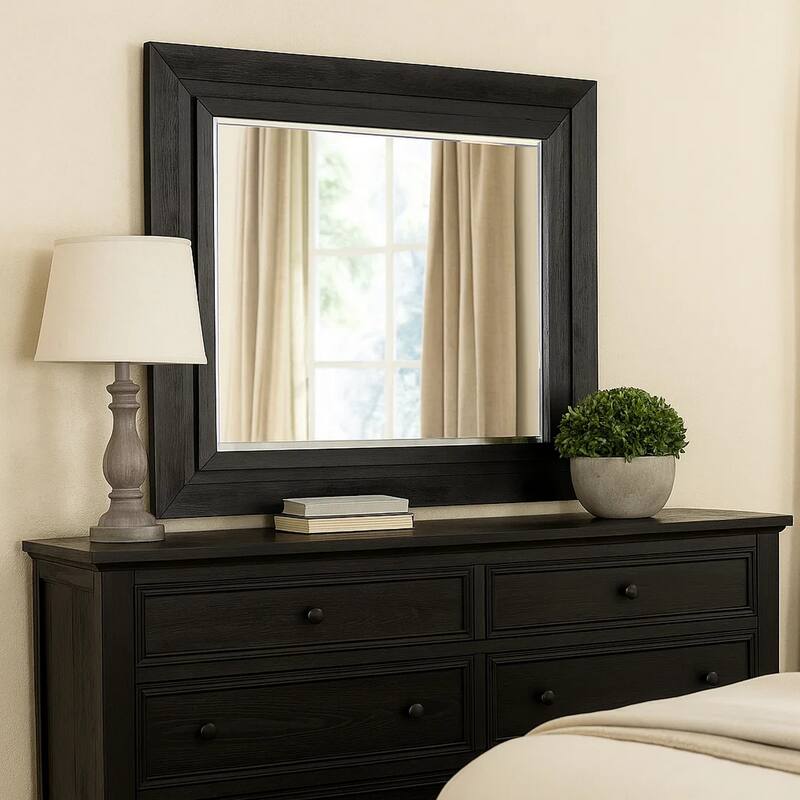 Ashen Dresser Mirror, Black Solid Wood, Rectangular Silhouette, 40x46