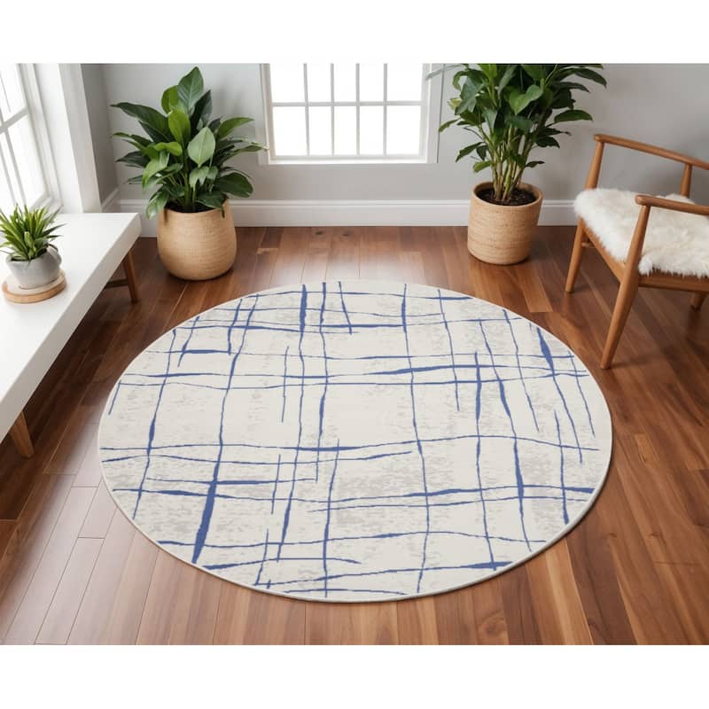 Guvu Power Loomed Distressed Geometric Abstract Modern Stain Resistant Area Rug By HomeRoots - 96' X '96' X '0.39 - 96' X '96' X '0.39 - Oxford Blue - Round