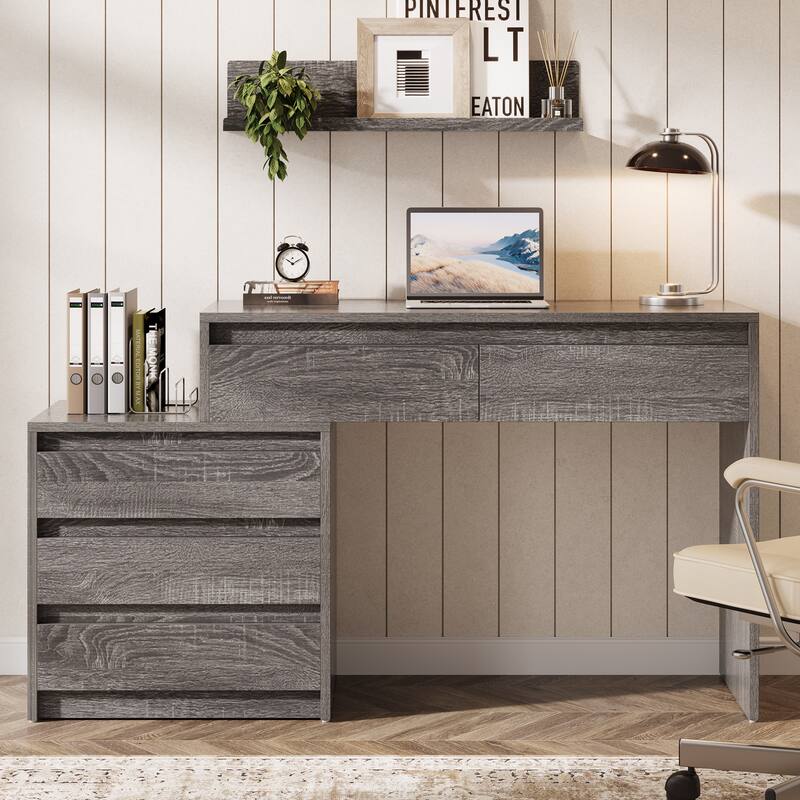 Industrial Computer Desk with 5 Drawers & File Cabinet, Rustic Wood Office Desk with Printer Stand for Small Spaces - Brown