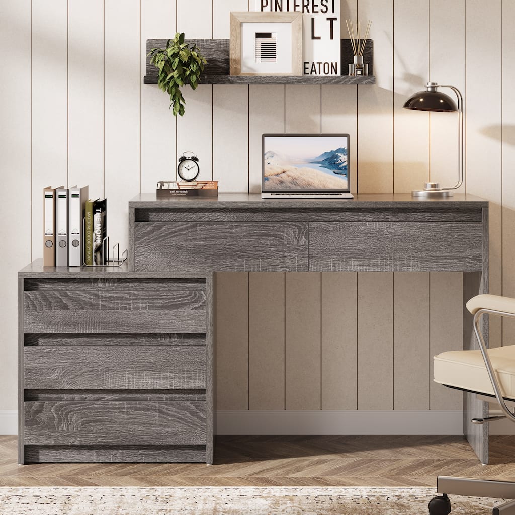 Industrial Computer Desk with 5 Drawers & File Cabinet, Rustic Wood Office Desk with Printer Stand for Small Spaces