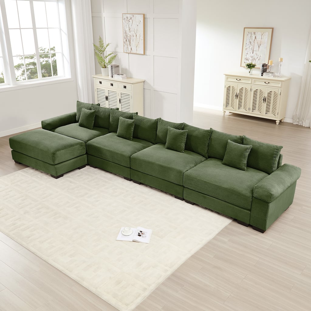 GDFStudio - Corduroy L-Shaped 4-Seater 167.6" Cloud Modular Sectional Couch with Ottoman