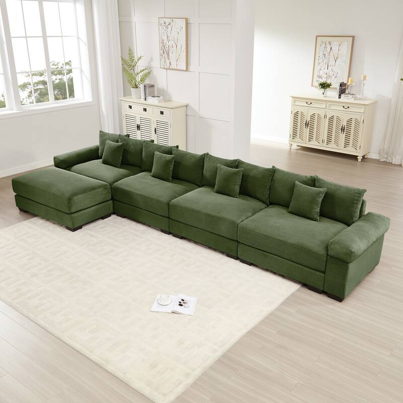 Oversized Corduroy Cloud Modular Sofa with Throw Pillows - Green(4 Seat+1 Ottoman)