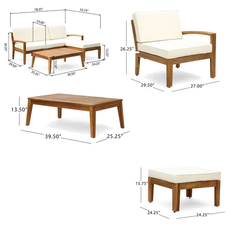 Outdoor L Shape Sofa and Coffee Table Set, Brown Acacia Wood, Beige