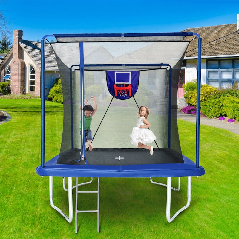 8ft x 12ft Rectangular Trampoline with Basketball Board, Ball Inflater & Ladder - Blue, ASTM & CPC Certified