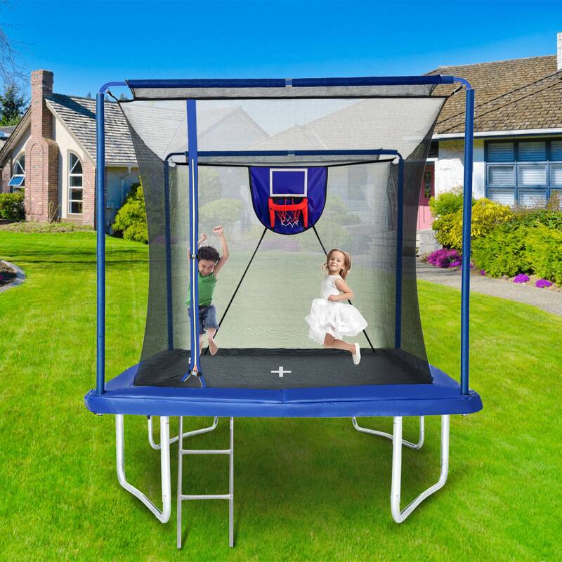 8ft by 12ft rectangular trampoline with basketball board,ball inflater and ladder-Blue ASTM standard tested and CPC certified