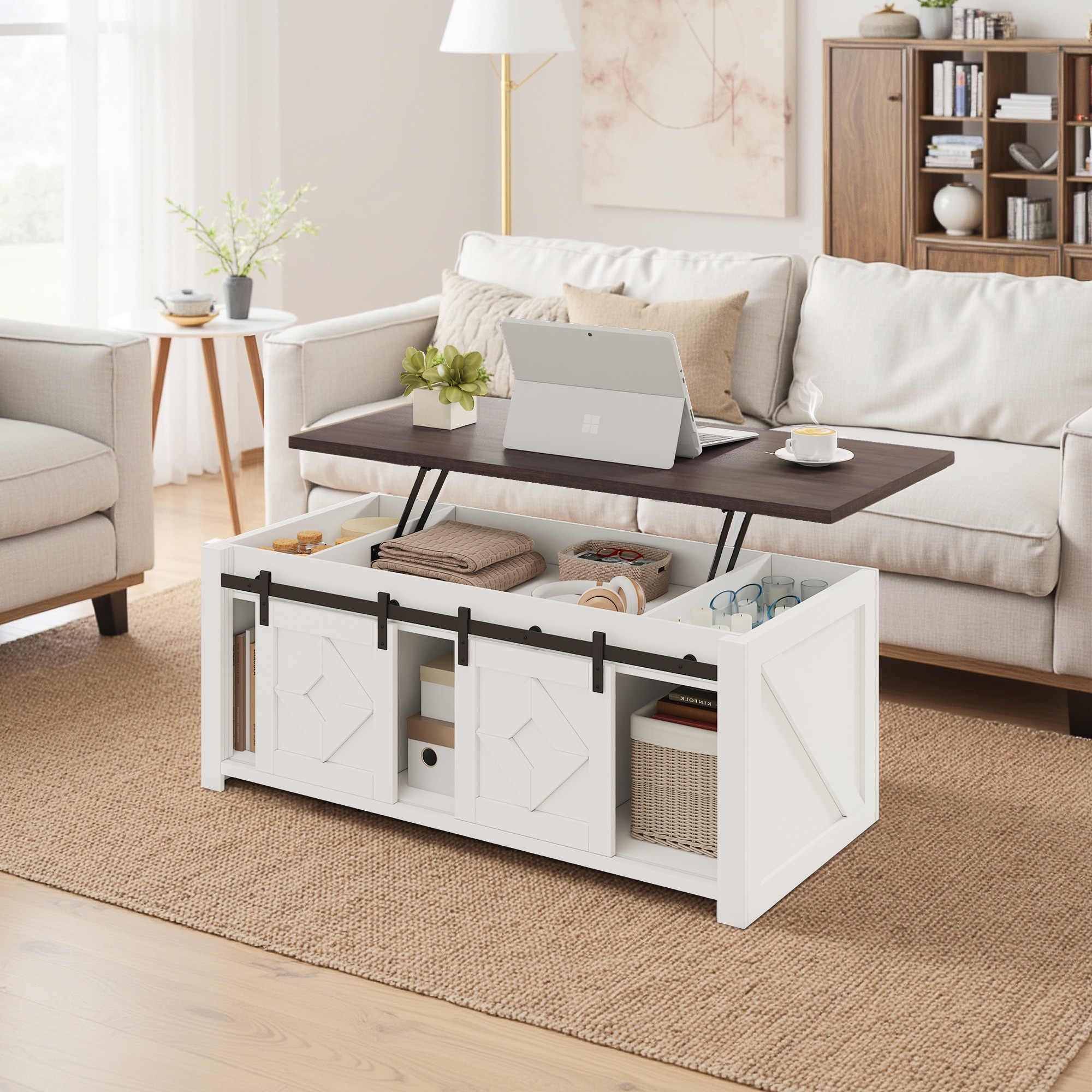 Farmhouse Lift Top Coffee Table with Storage & Sliding Barn Doors – Antique White Rustic Center Table for Living Room