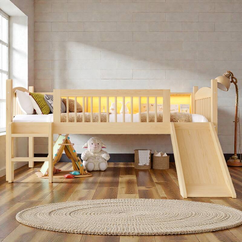 Twin XL/Twin Wood Loft Bed with Storage Shelves, LED Lights, Full-Length Guardrails & Solid Wood Frame, No Box Spring Needed