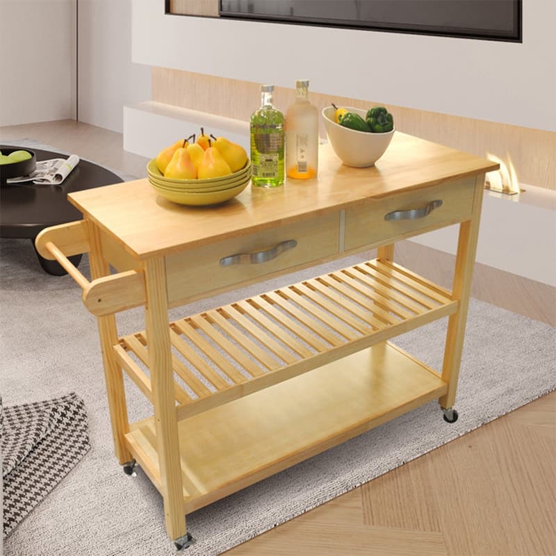 45" Kitchen Island Cart with Wheels, 2 Drawers & Open Storage Shelves - 45 x 17 x 35 inches - NaturalWood
