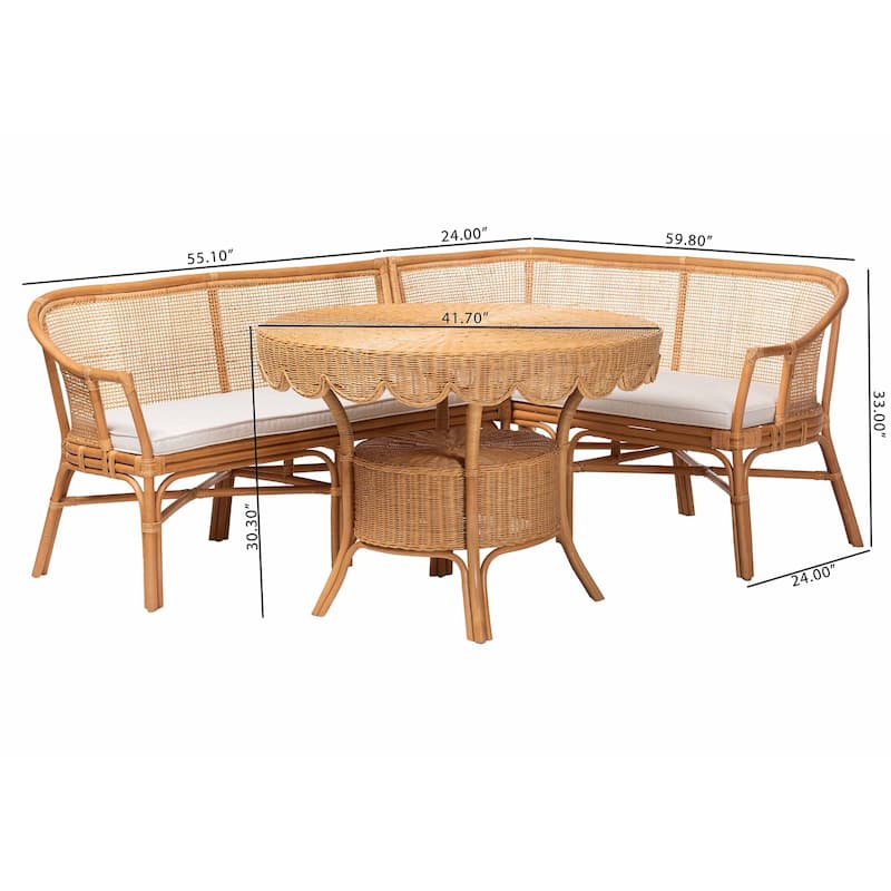 Ceona 3-Piece Natural Rattan Dining Nook Set - L-Shaped Banquette Seating with Pedestal Table, Boho Coastal Style Dining