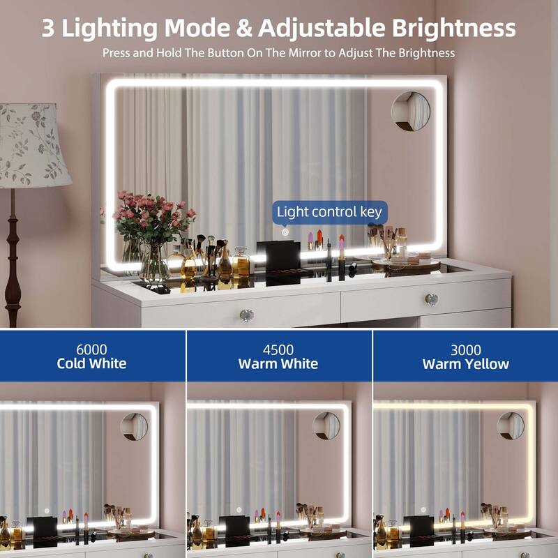 Moasis 45.5" Modern Vanity Table, 8 Drawers, Lights, Mirror, Power Outlet