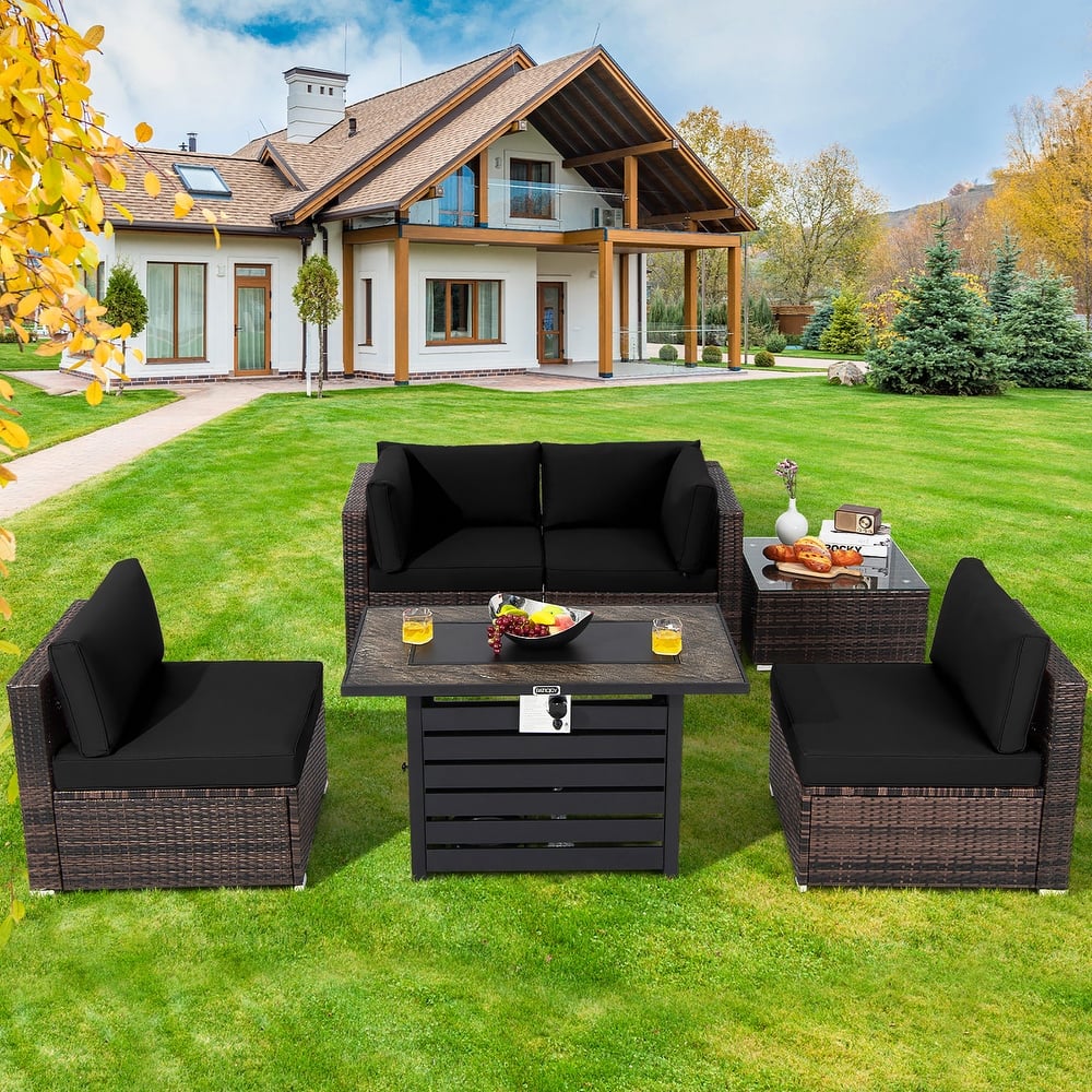 Costway 6PCS Patio Rattan Furniture Set 42'' Fire Pit Table Cover Sofa - See Details