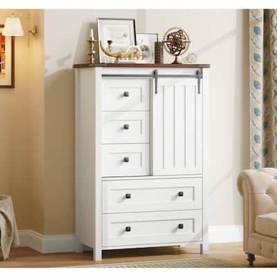 Farmhouse 5 Drawer Dresser for Bedroom, Wood Chest with Sliding Barn Door, Adjustable Shelf