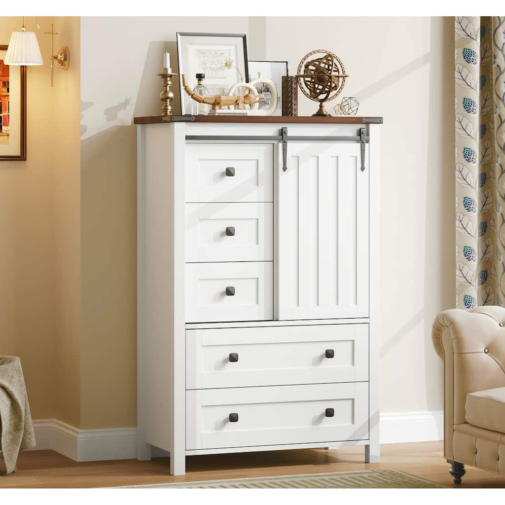 Farmhouse 5 Drawer Dresser for Bedroom, Wood Chest with Sliding Barn Door, Adjustable Shelf