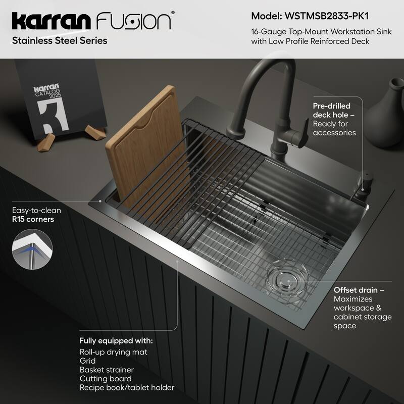 Karran Fusion Top Mount 28-in x 22-in Stainless Steel Single Bowl Workstation Kitchen Sink