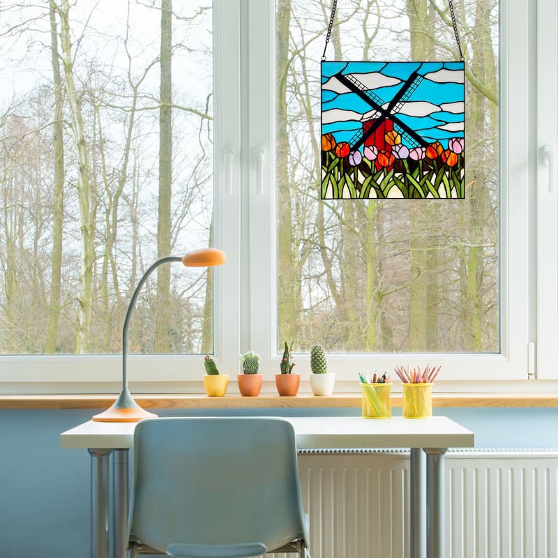 River of Goods Tulip Daydream River of Goods Multicolor Windmill and Floral Window Panel - 14" x 0.25" x 14.5"