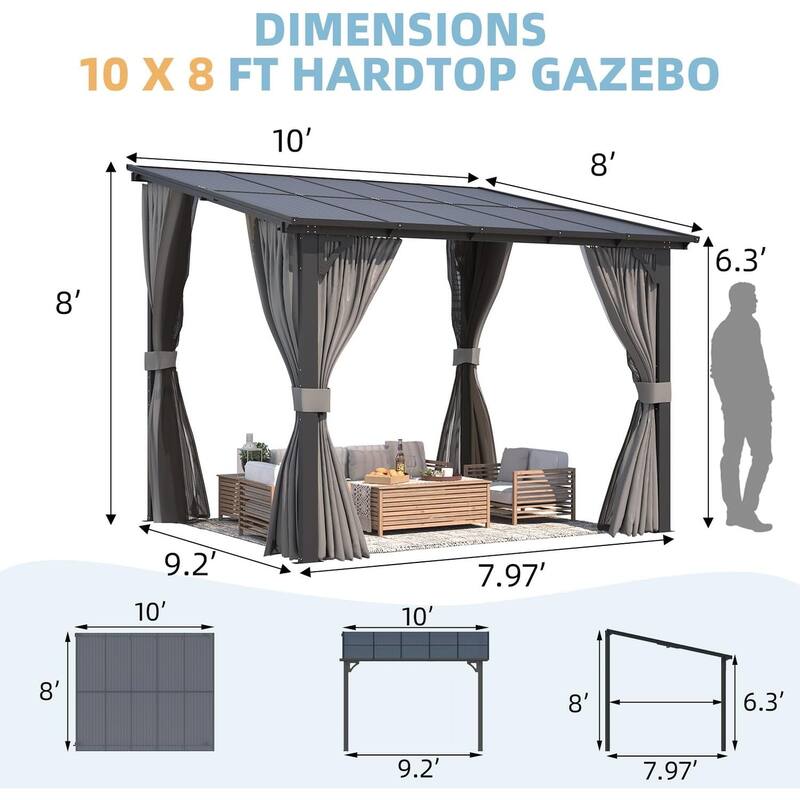 AECOJOY Gazebo for Patio, Small Wall-Mounted Lean to Pergola 8x8 Gazebo with Curtains and Netting, Hard Top Gazebo on Clearance