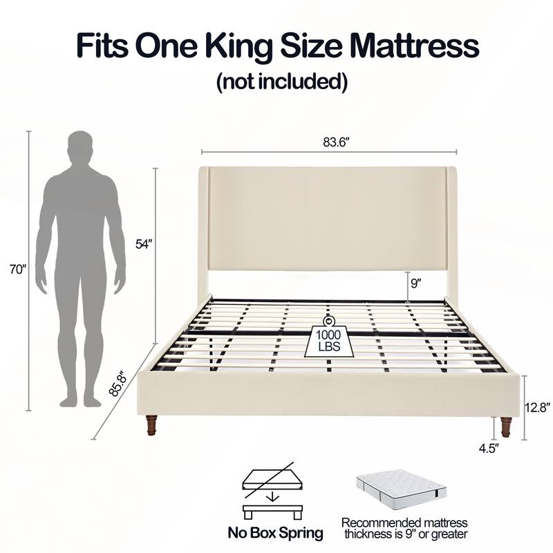 Elegant Upholstered Bed with Wingbacks and No Box Spring for Relaxing