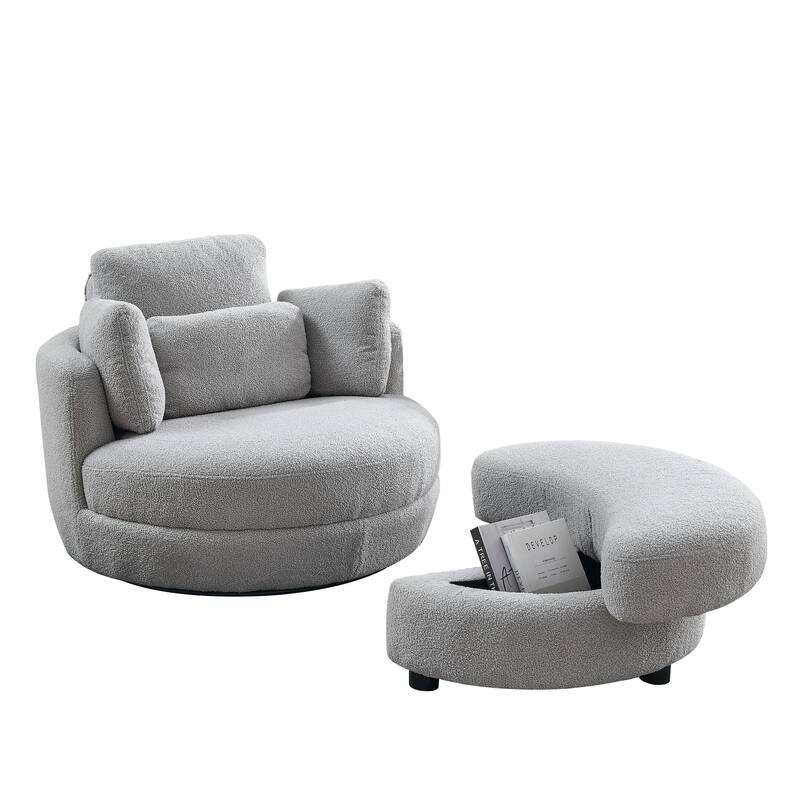 39"W Oversized Swivel Chair with Storage Ottoman, Grey Teddy Fabric