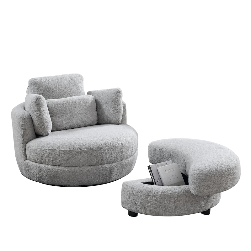 Oversized Swivel Cuddle Barrel Chair with moon storage ottoman