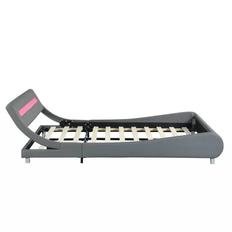 Faux Leather Upholstered Platform Bed Frame with led lighting, Gray, Quee Size