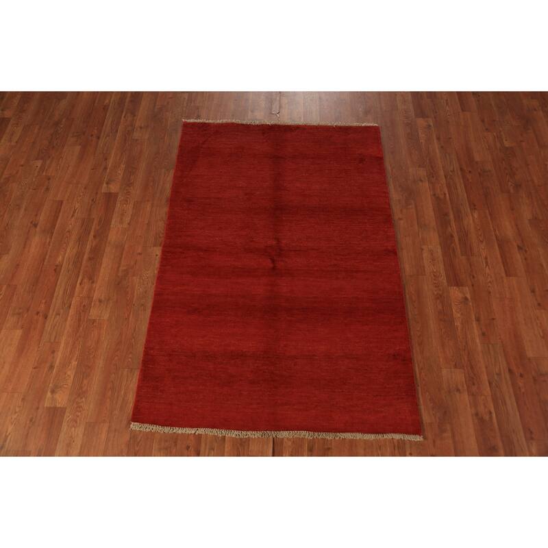 Gabbeh Modern Rug Hand-Knotted Red Solid Wool Carpet - 3'4" x 5'0"