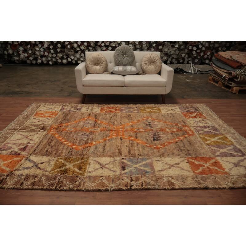 Hand Knotted Oriental 100% Wool Carpet Modern Tribal Brown Moroccan Area Rug - 9' 9'' X 6' 11''