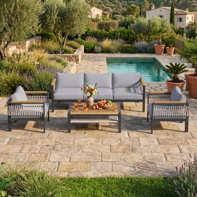 4-Piece Outdoor Conversation Sofa Set with Acacia Wood Coffee Table by Leisure Zone