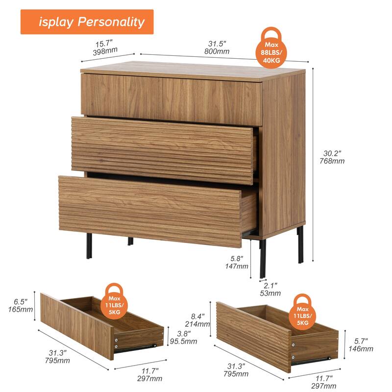 Modern Minimalist Wood Nightstand With 3 Drawers ,31.5" End Table,Reeded Design Bedside Table