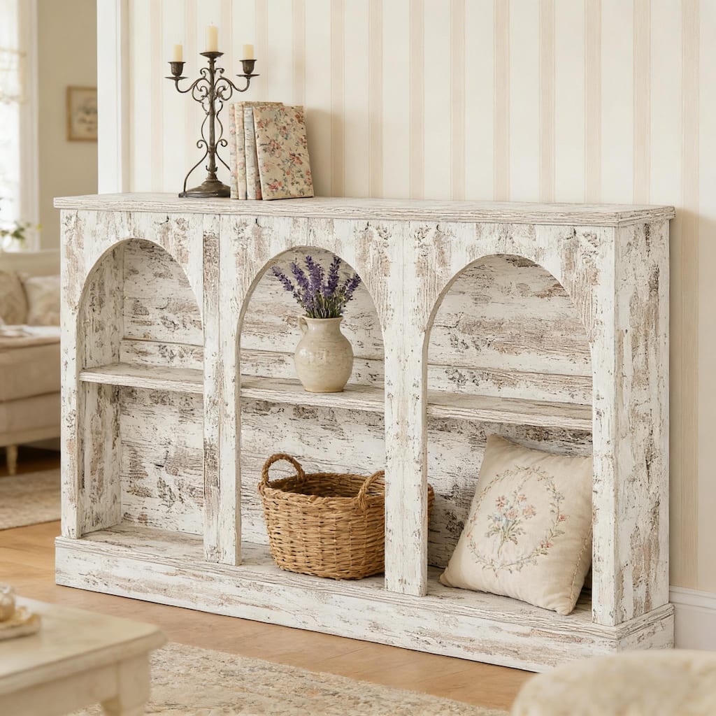 63" Rustic Arched Console Table with 3-Tier Open Shelving