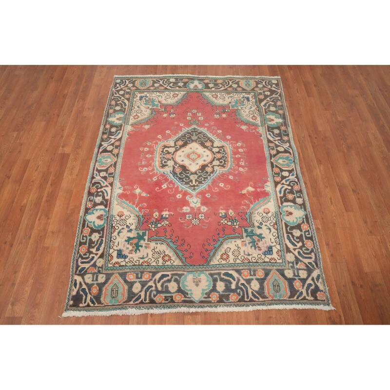 Hand Knotted Oriental 100% Wool Carpet Traditional Medallion Pink Tabriz Area Rug - 5' 9'' X 4' 3''