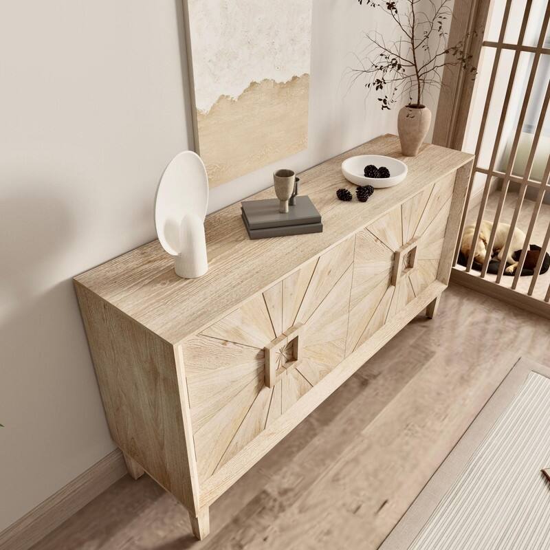 Rustic Farmhouse 59.8" Credenza, Durable Antique Wood Storage Unit for Living Room or Kitchen Use