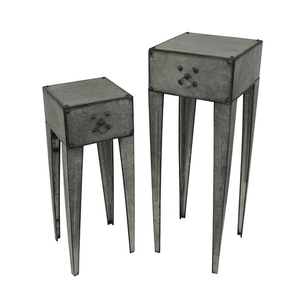 Galvanized Metal Tall Side Table Set Of 2 With Drawer Silver 
