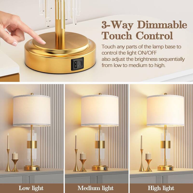 Bedside Table Golden Lamp For Living Room With USB Ports, Set Of 2 With Touch Control (2700K LED Bulb Included)