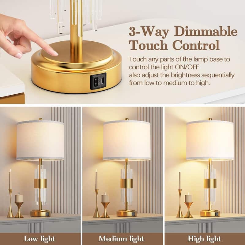 Bedside Table Golden Lamp With USB Ports, Set Of 2 With Touch Control, Drum Lamp Shade Bedrooms Home Office Light Decor
