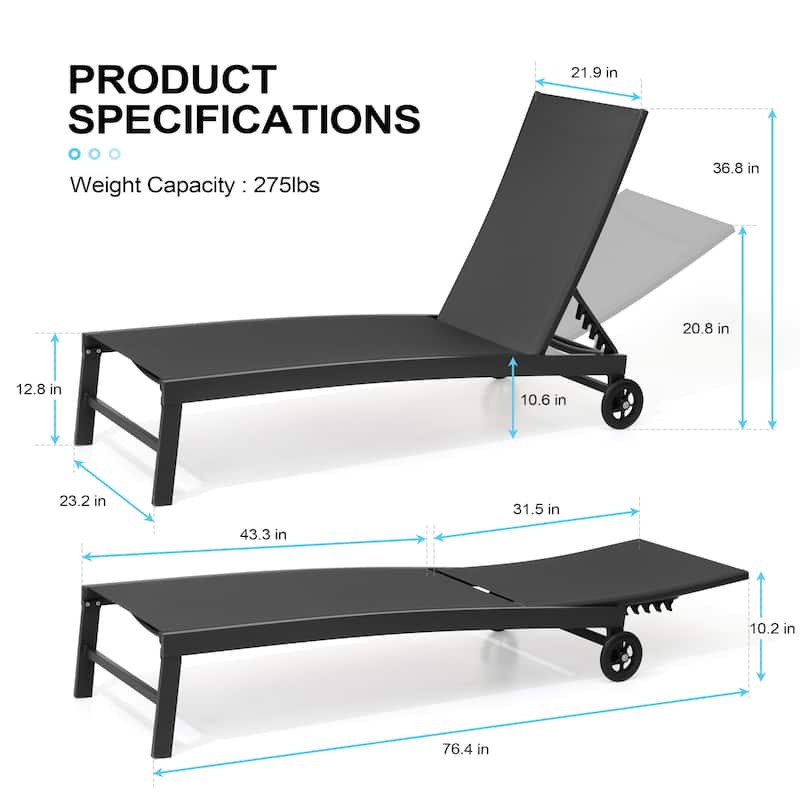 Outdoor Wheel Adjustable Chaise Lounge Chairs 5 Reclinig Position Aluminum Sun Lounger
