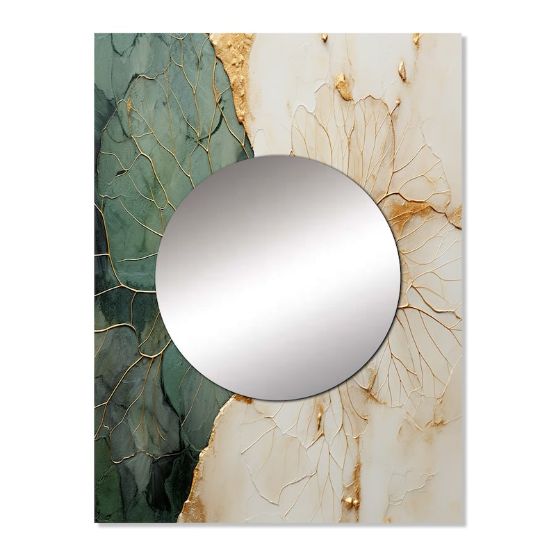 Designart "Green Gold Minimalism Poteries I" Abstract Spirals Green Modern Large Mirror Wall Art For Bathroom