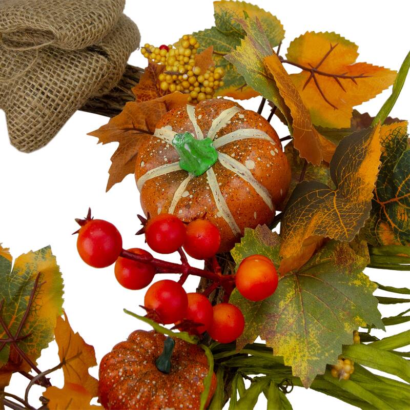 Orange Pumpkins Berries with Bow Artificial Wreath - 20-Inch, Unlit