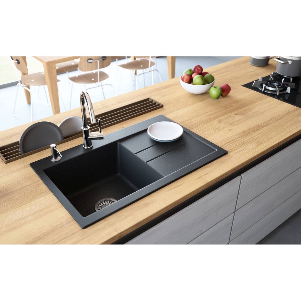 Lavello Granite Composite 31" Drop in with Drainboard Single Bowl Kitchen Sink Delux Right-3 Holes