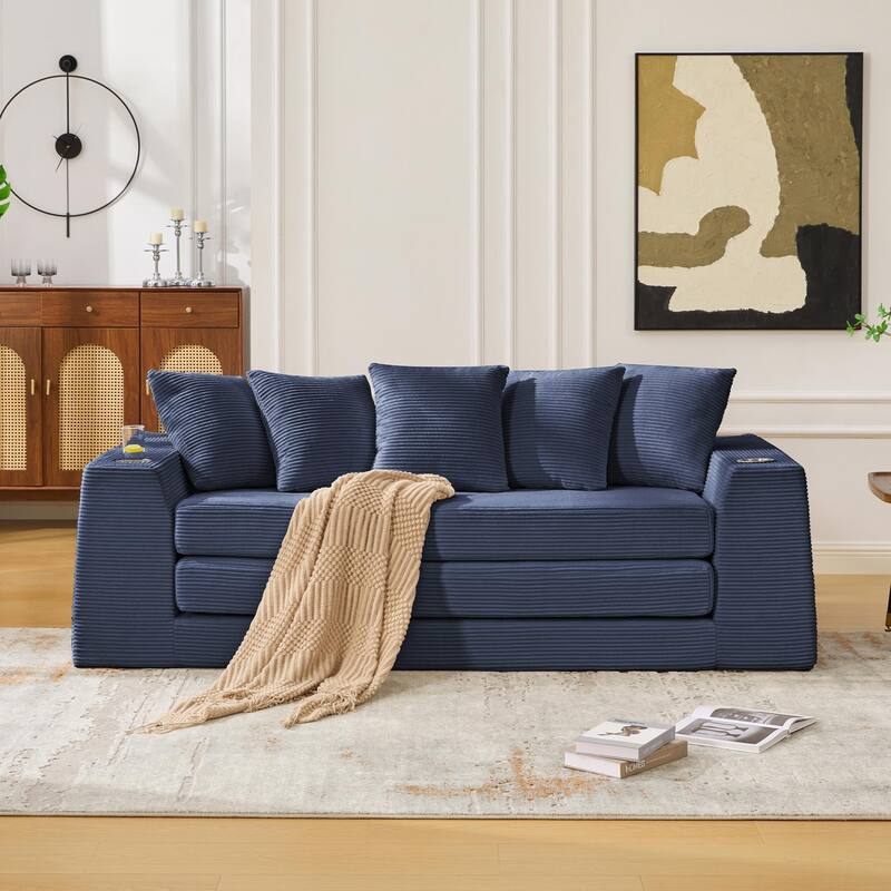 2 in 1 Convertible Sofa Bed, Sleeper Sofa with Storage Pockets, Pull Out Loveseat Couch with Two Cup Holders