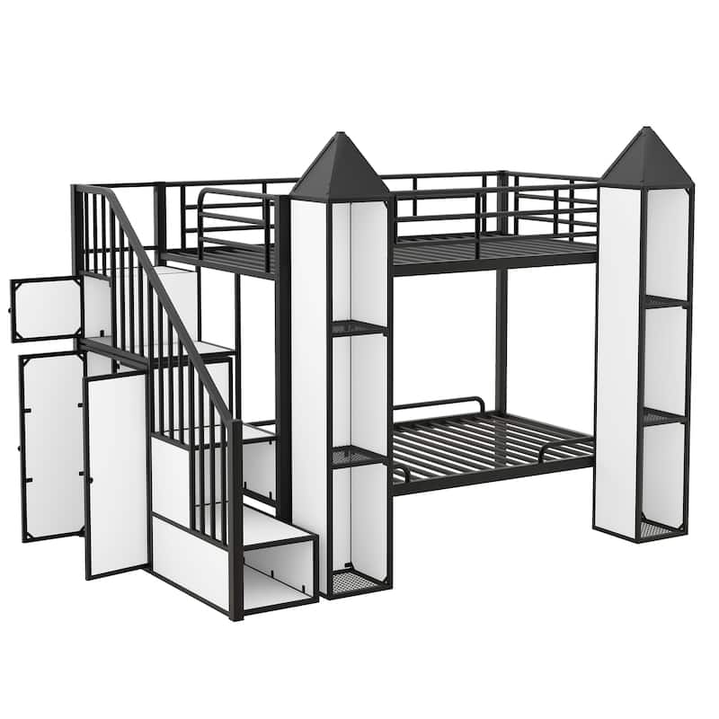 Twin Over Twin Size Bunk Bed w/Storage Shelves,Wardrobe,Metal Bedframe