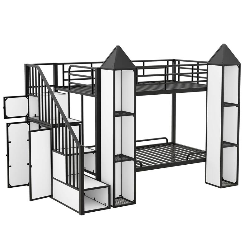 Twin over Twin Castle Bunk Bed with Wardrobe, Storage Staircase, and Guardrails