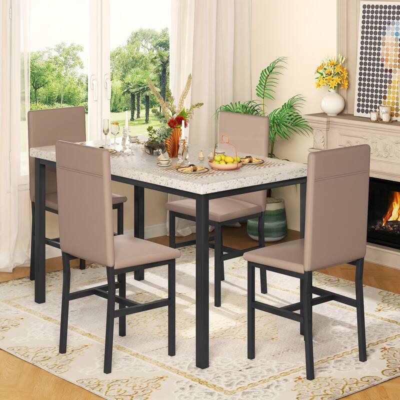 Grondin Mid-Century Modern Faux Marble Top 5-Piece Dining Table Set with 4 Faux Leather Matching Dining Chairs for Kitchen - Tan/Marble White