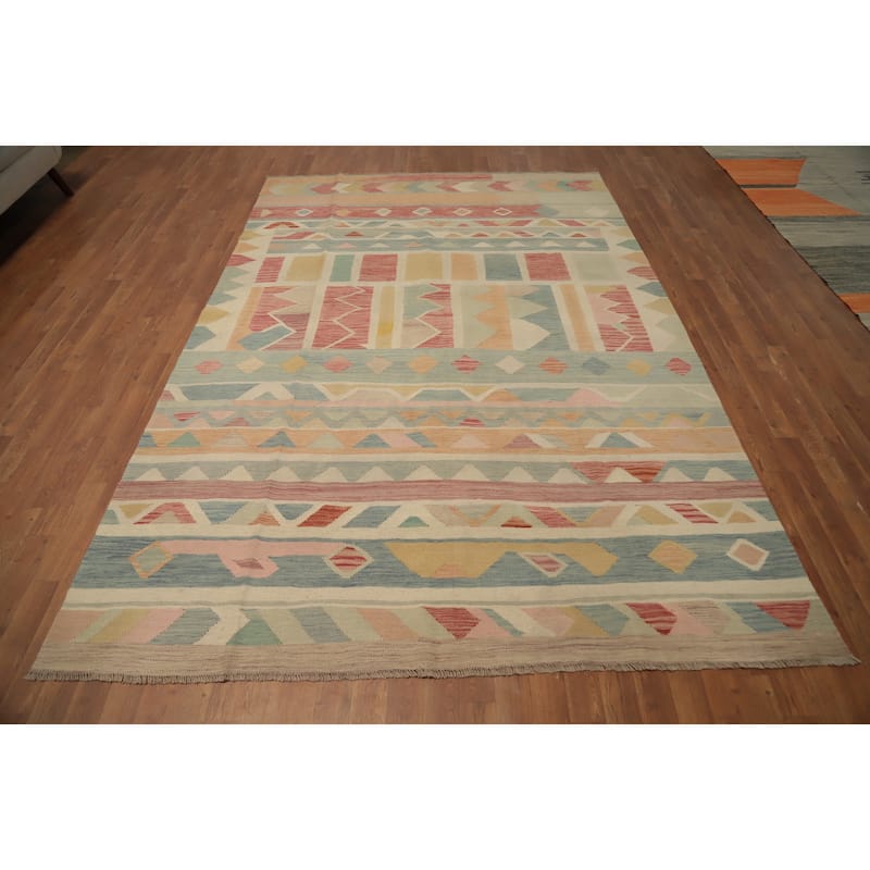 Hand Woven Oriental 100% Wool Carpet Southwestern Tribal Multi-Colored Kilim Area Rug - 9' 7'' X 6' 7''