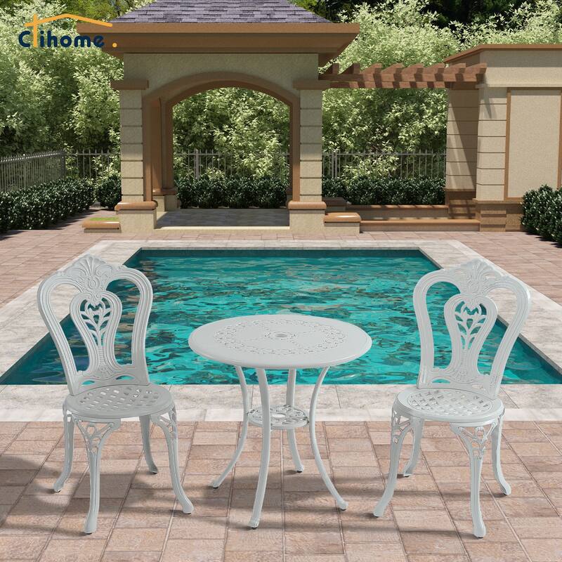 Clihome 3-Piece Cast Aluminum Bistro Table Set with Umbrella Hole