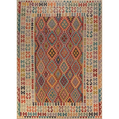 Geometric Kilim Oriental Area Rug Flatweave Wool Carpet - 8'2" x 11'5"