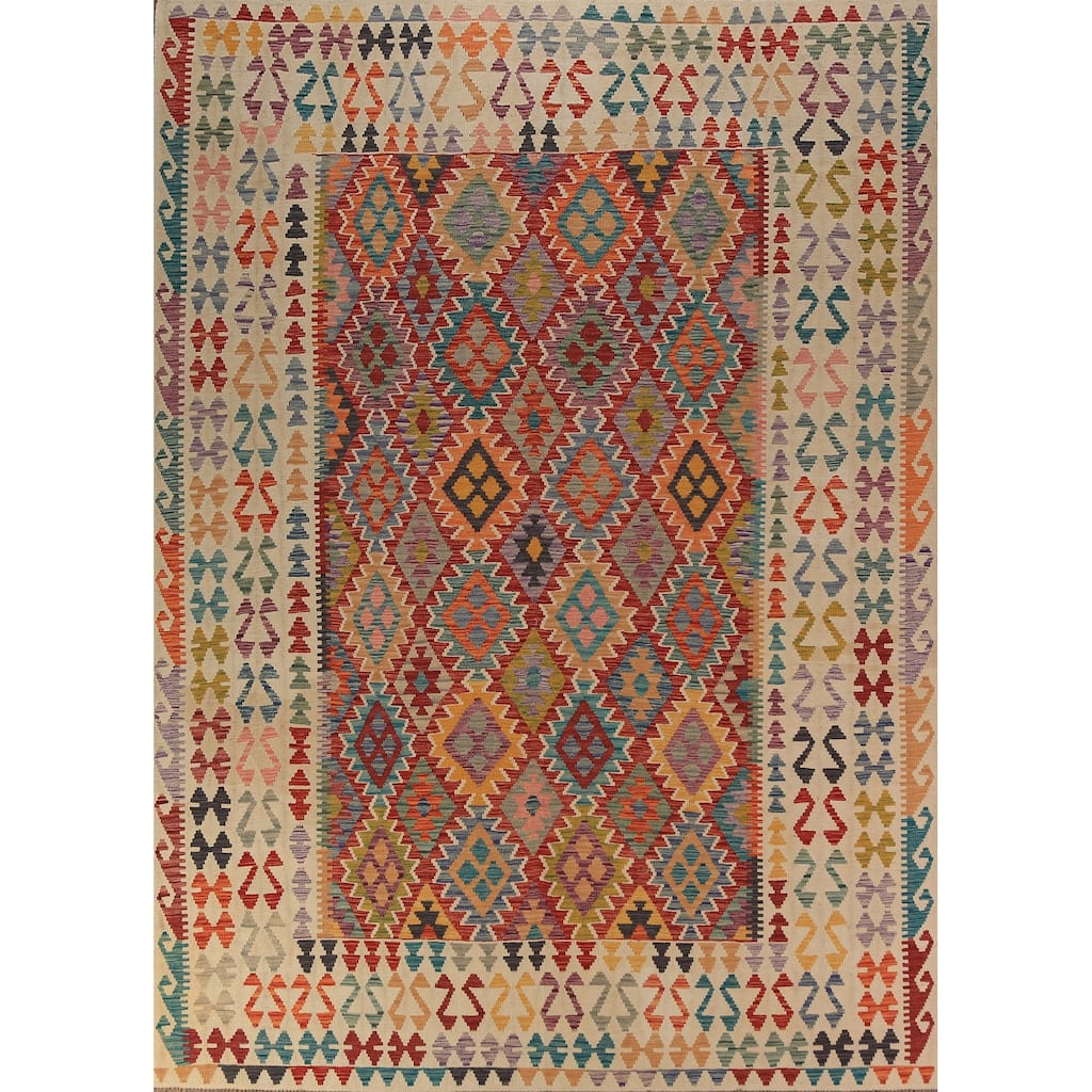 Geometric Kilim Oriental Area Rug Flatweave Wool Carpet - 8'2" x 11'5"