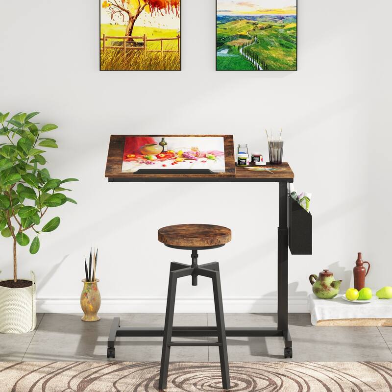 Adjustable C Shaped End Table - Rustic Brown