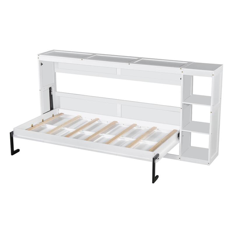 Minimalist Fold Down Bed Murphy Bed with 3 Storage Racks, Striped Decoration Wall Bed Hidden Bed for Guest Room Small Spaces