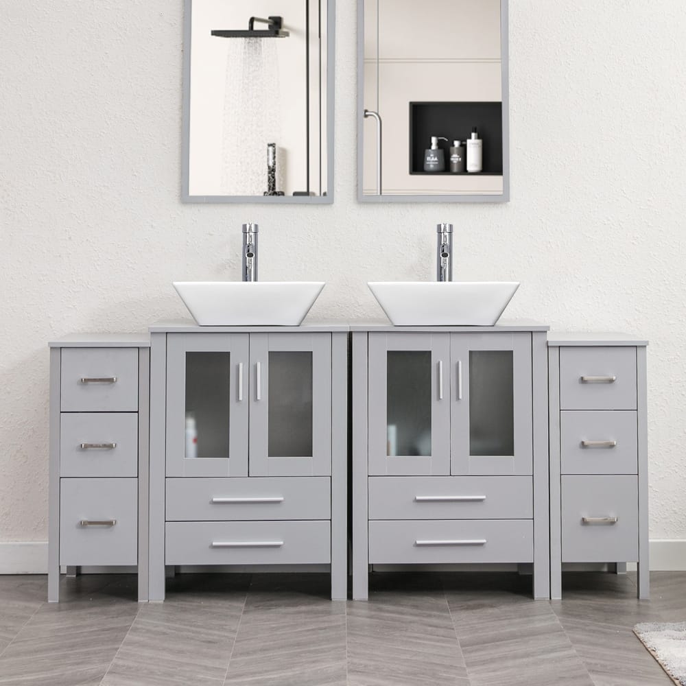72" Bathroom Vanity Set Glass Ceramic Vessel Sink Side Cabinet Combo